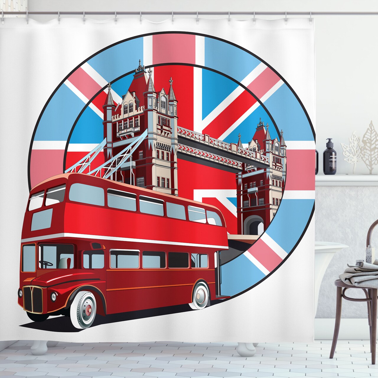 Ambesonne London Shower Curtain, British Flag Metropol City of London Thames River Memorabilia English Bus, Cloth Fabric Bathroom Decor Set with Hooks, 69" W x 70" L, Ruby Blue